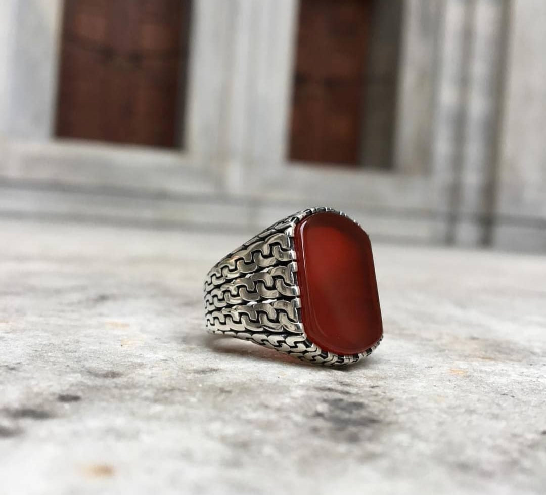 Zyan Gems | Unique Turkish  Style Ring with Natural Red Agate |  Sterling Silver Oxidized Ring