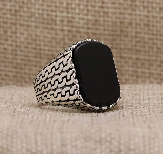 Zyan Gems | Unique Turkish  Style Ring with Natural Black Onyx |  Sterling Silver Oxidized Ring