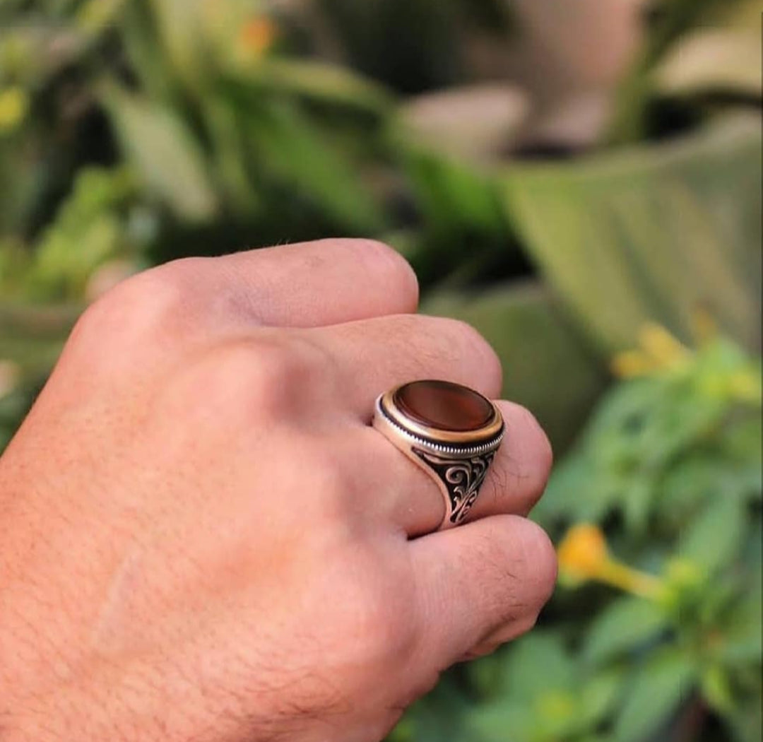 Zyan Gems | Unique Turkish Style Ring with Natural Red Agate  |  Sterling Silver Oxidized Ring