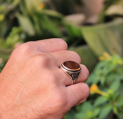 Zyan Gems | Unique Turkish Style Ring with Natural Red Agate  |  Sterling Silver Oxidized Ring