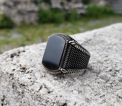 Zyan Gems | Unique Turkish Style Ring with Natural Black Onyx |  Sterling Silver Oxidized Ring
