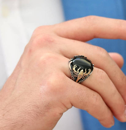 Zyan Gems | Unique Turkish Style Scorpion Ring with Natural Black Onyx (Cabochon) |  Sterling Silver Oxidized Zodiac Ring
