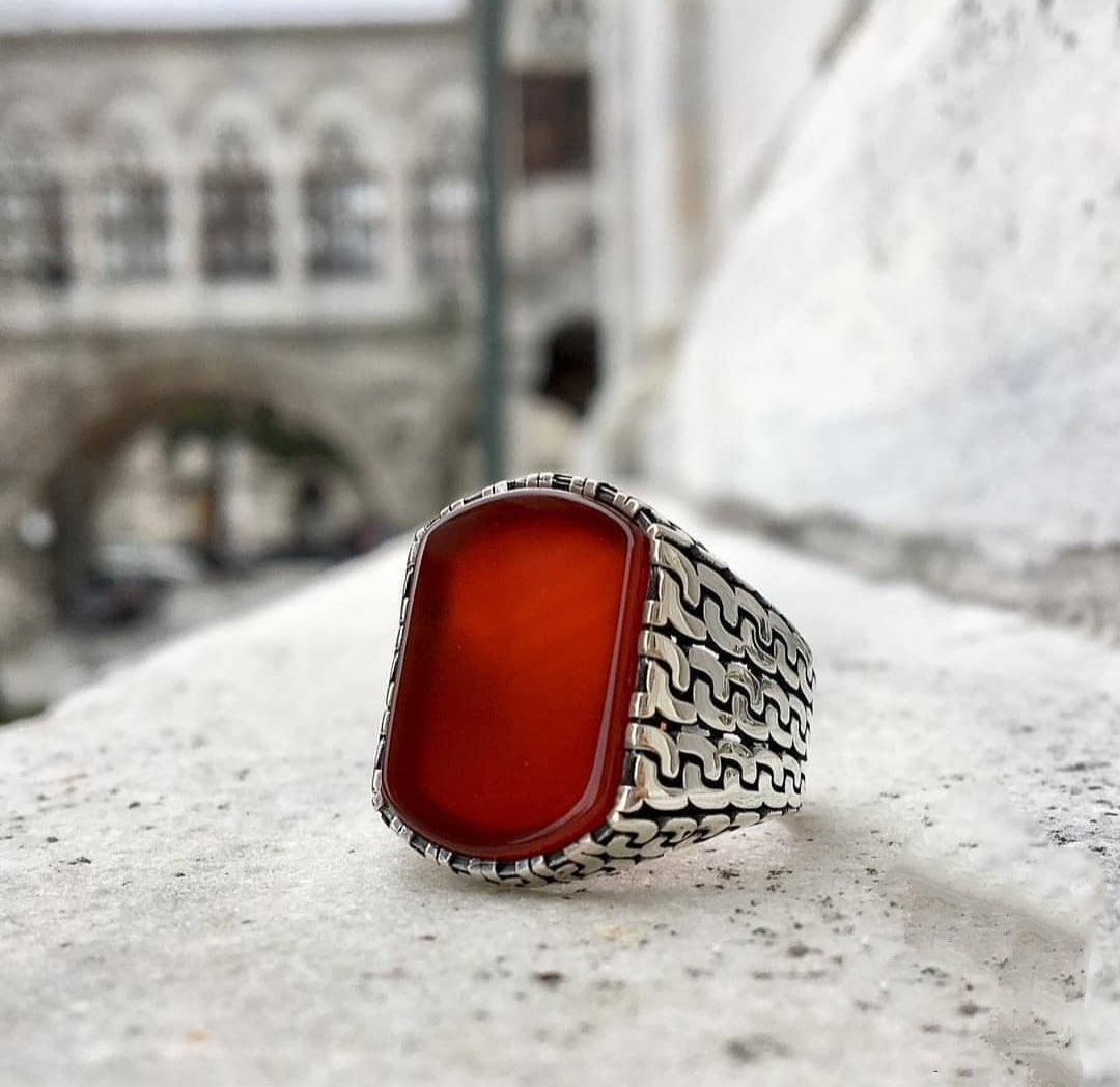 Zyan Gems | Unique Turkish  Style Ring with Natural Red Agate |  Sterling Silver Oxidized Ring