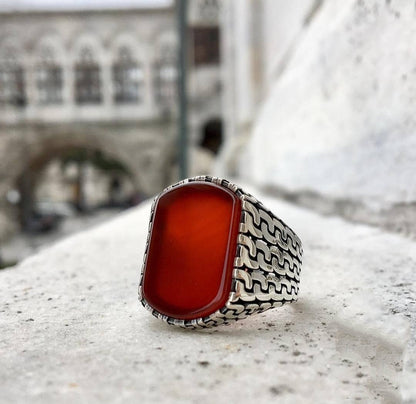 Zyan Gems | Unique Turkish  Style Ring with Natural Red Agate |  Sterling Silver Oxidized Ring