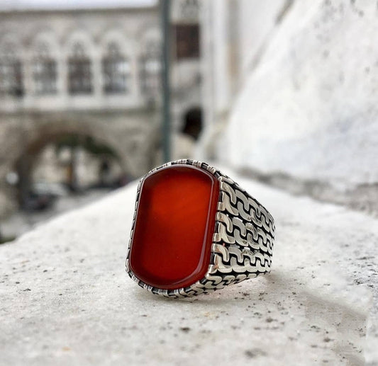 Zyan Gems | Unique Turkish  Style Ring with Natural Red Agate |  Sterling Silver Oxidized Ring