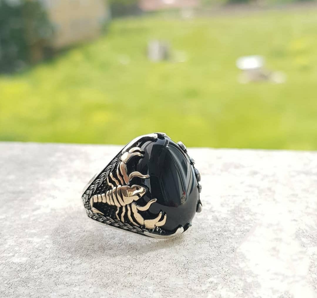 Zyan Gems | Unique Turkish Style Scorpion Ring with Natural Black Onyx (Cabochon) |  Sterling Silver Oxidized Zodiac Ring