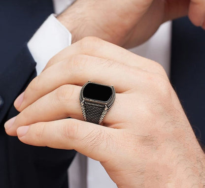 Zyan Gems | Unique Turkish Style Ring with Natural Black Onyx |  Sterling Silver Oxidized Ring