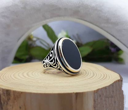 Zyan Gems | Unique Turkish Style Ring with Natural Black Onyx  |  Sterling Silver Oxidized Ring