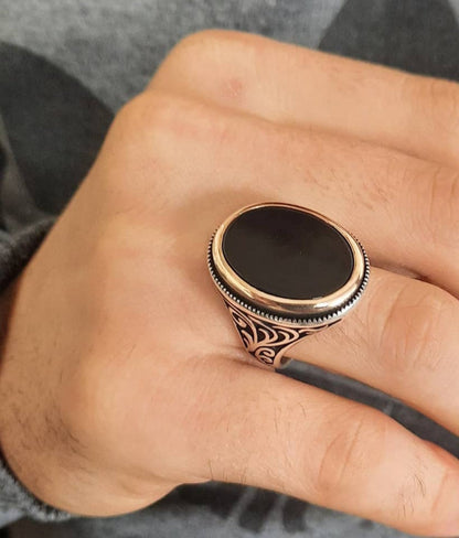 Zyan Gems | Unique Turkish Style Ring with Natural Black Onyx  |  Sterling Silver Oxidized Ring