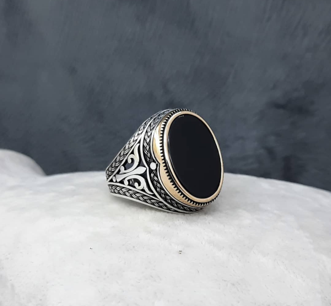 Zyan Gems | Unique Turkish Style Ring with Natural Black Onyx |  Sterling Silver Oxidized Ring
