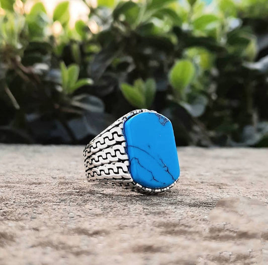 Zyan Gems | Unique Turkish  Style Ring with Natural Irani Turquoise (Firoza) |  Sterling Silver Oxidized Ring