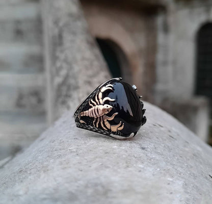 Zyan Gems | Unique Turkish Style Scorpion Ring with Natural Black Onyx (Cabochon) |  Sterling Silver Oxidized Zodiac Ring