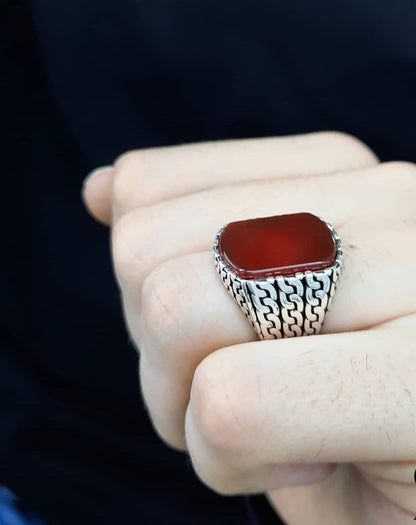 Zyan Gems | Unique Turkish  Style Ring with Natural Red Agate |  Sterling Silver Oxidized Ring