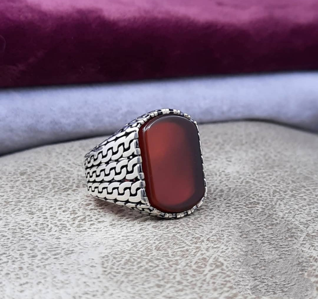 Zyan Gems | Unique Turkish  Style Ring with Natural Red Agate |  Sterling Silver Oxidized Ring
