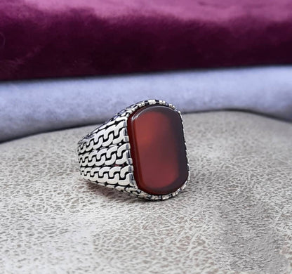 Zyan Gems | Unique Turkish  Style Ring with Natural Red Agate |  Sterling Silver Oxidized Ring