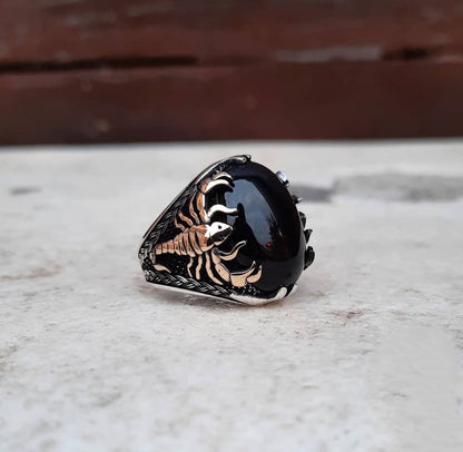 Zyan Gems | Unique Turkish Style Scorpion Ring with Natural Black Onyx (Cabochon) |  Sterling Silver Oxidized Zodiac Ring