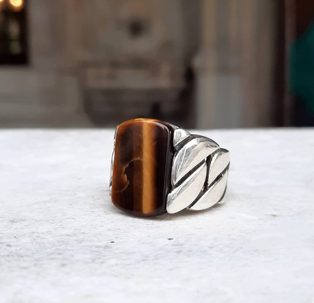 Zyan Gems | Unique Turkish Braided Style Ring with Natural Tiger Eye |  Sterling Silver Oxidized Ring
