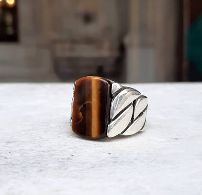 Zyan Gems | Unique Turkish Braided Style Ring with Natural Tiger Eye |  Sterling Silver Oxidized Ring