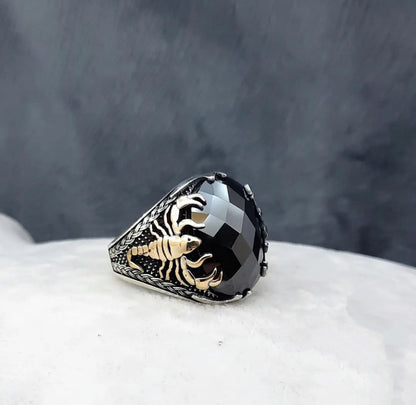 Zyan Gems | Unique Turkish Style Scorpion Ring with Faceted Black Zircon |  Sterling Silver Oxidized Zodiac Ring