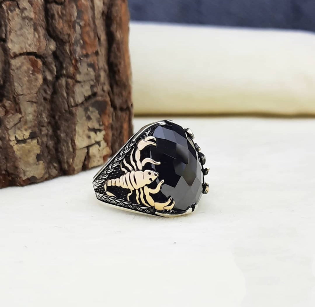 Zyan Gems | Unique Turkish Style Scorpion Ring with Faceted Black Zircon |  Sterling Silver Oxidized Zodiac Ring