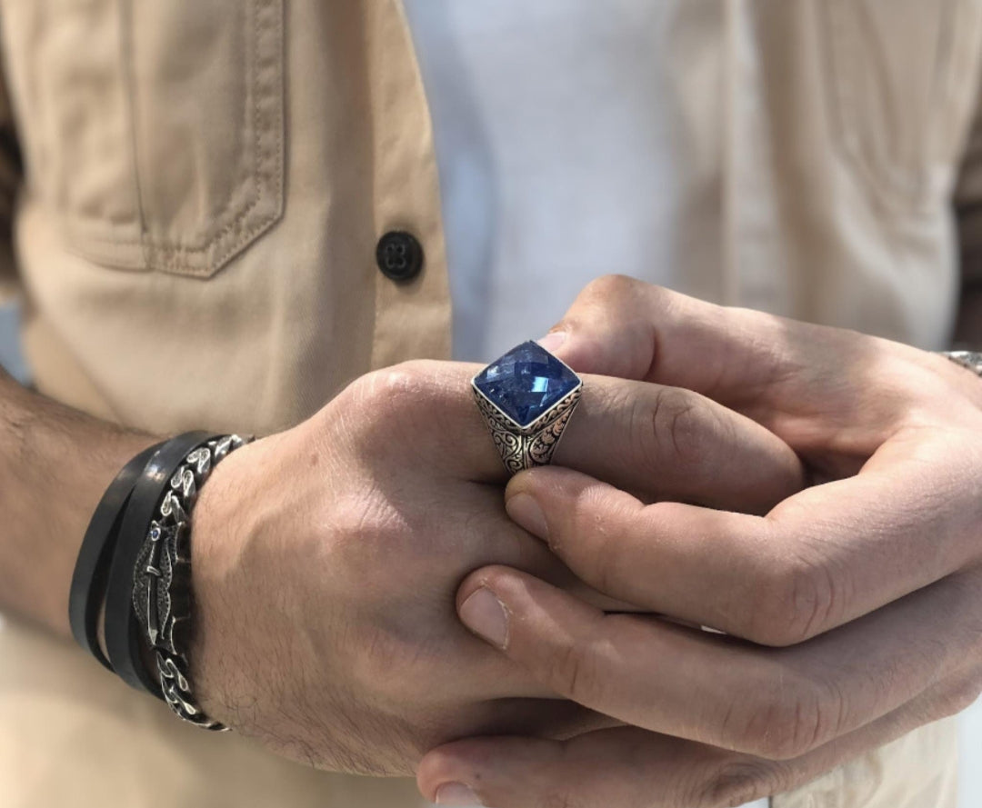 Zyan Gems | Unique Turkish Style Ring with Faceted Natural Blue Lapis Lazuli |  Sterling Silver Oxidized Ring