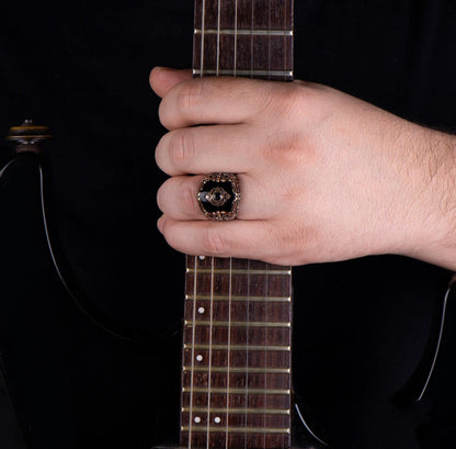 Zyan Gems | Unique Turkish Style Ring with Natural Black Onyx |  Sterling Silver Oxidized Ring