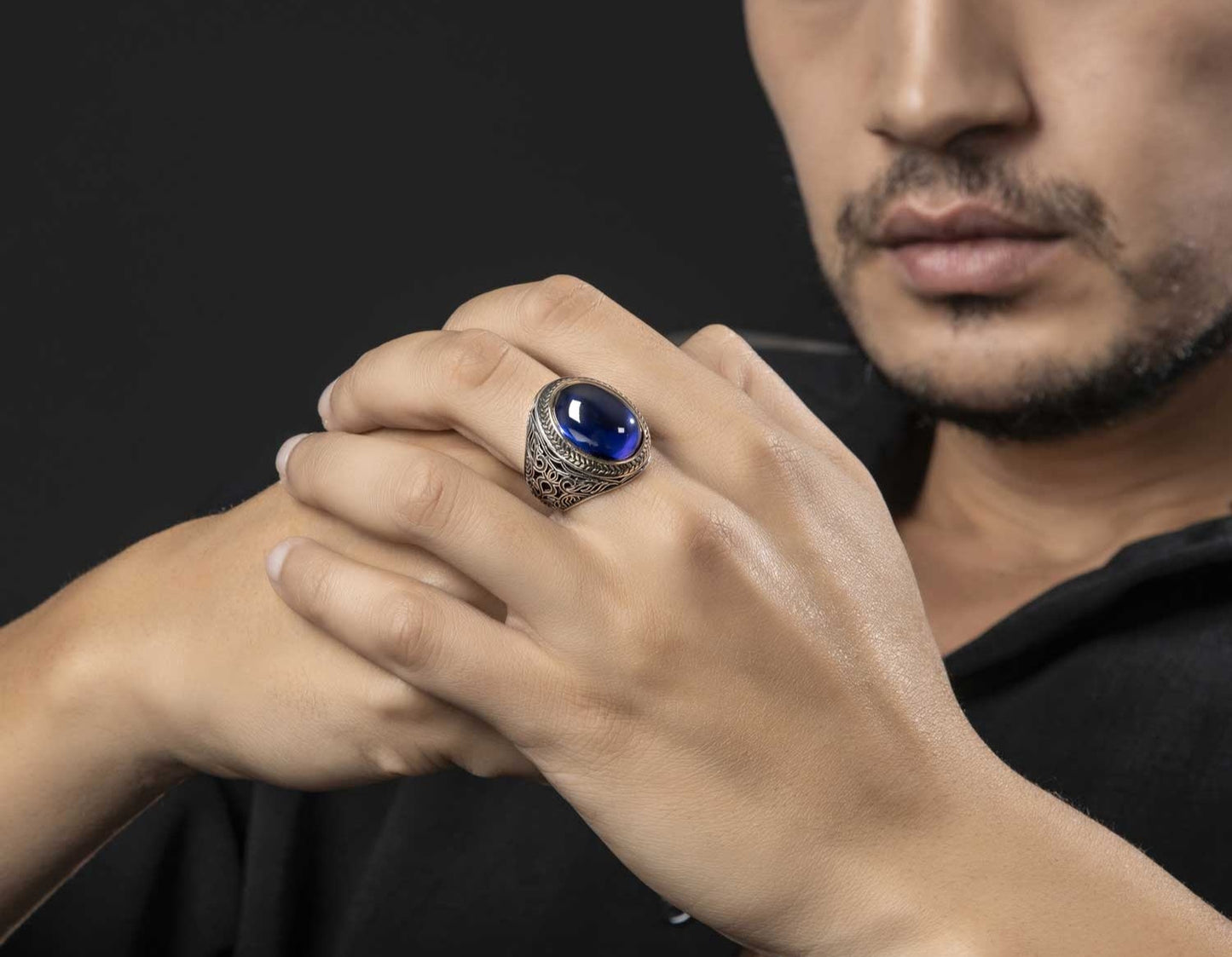 Zyan Gems | Unique Turkish Style Ring with Blue S Sapphire |  Sterling Silver Oxidized Ring