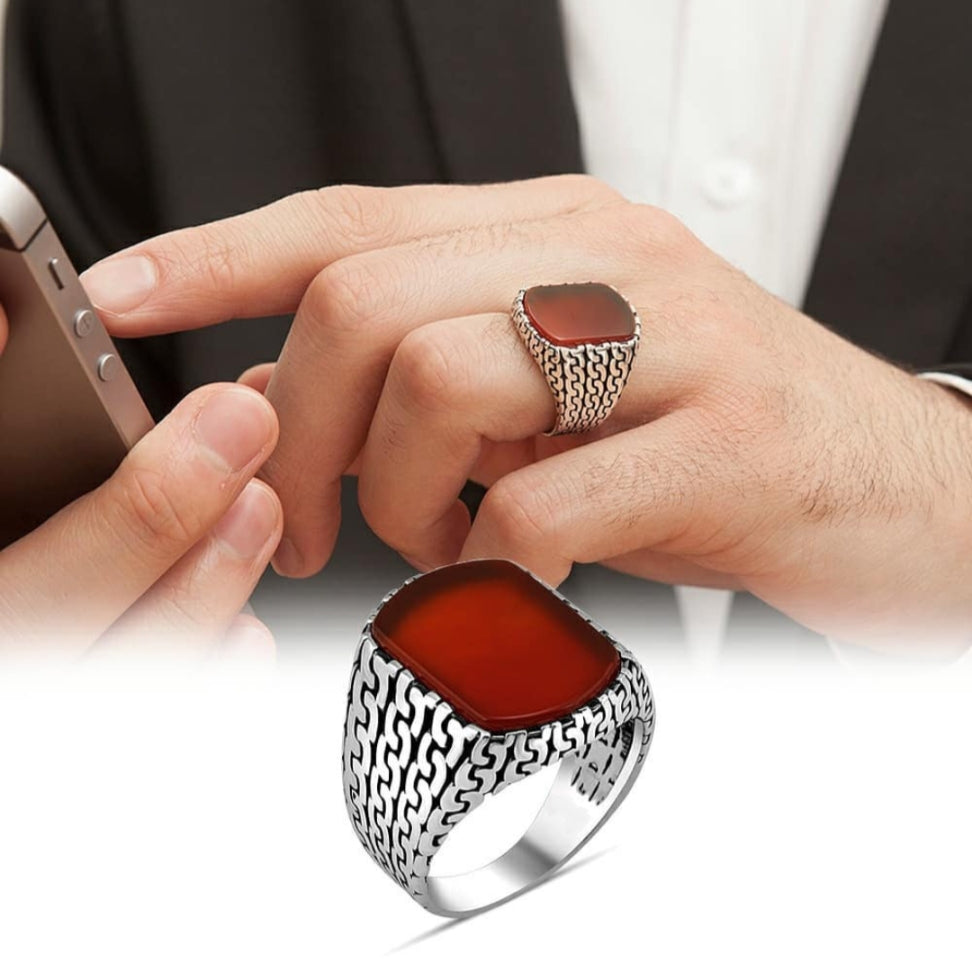 Zyan Gems | Unique Turkish  Style Ring with Natural Red Agate |  Sterling Silver Oxidized Ring