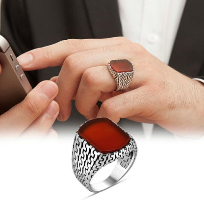 Zyan Gems | Unique Turkish  Style Ring with Natural Red Agate |  Sterling Silver Oxidized Ring