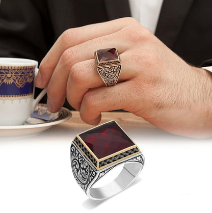 Zyan Gems | Unique Turkish Style Ring with Faceted S Ruby |  Sterling Silver Oxidized Ring