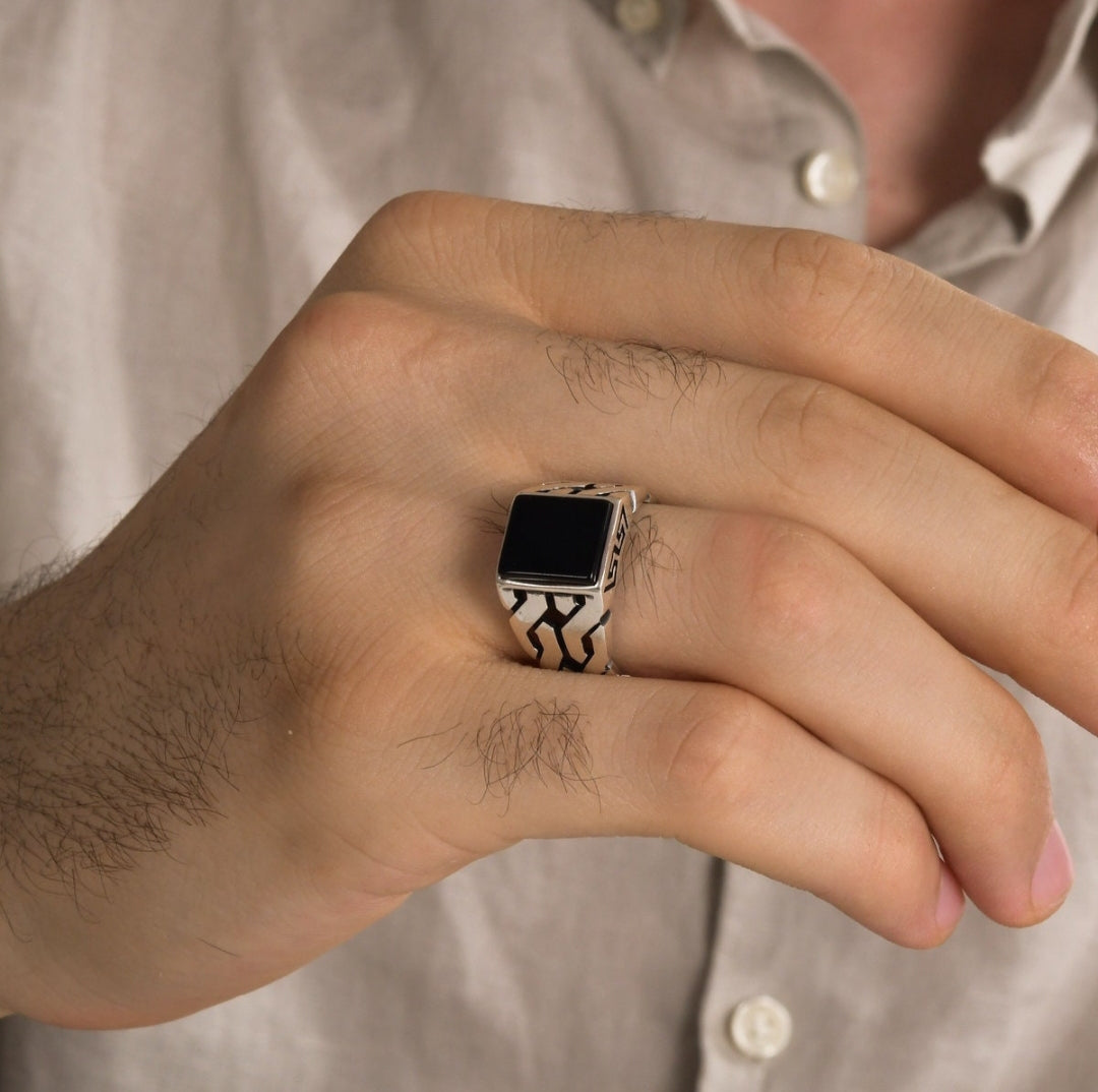 Zyan Gems | Unique Turkish  Style Ring with Natural Black Onyx |  Sterling Silver Oxidized Ring