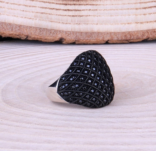 Zyan Gems | Unique Turkish Style Oxidised Silver Ring with Black Zircon|  Sterling Silver Oxidized Ring