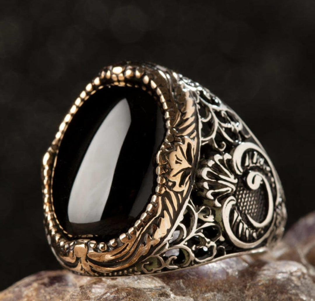 Zyan Gems | Unique Turkish Style Ring with Natural Black Onyx |  Sterling Silver Oxidized Ring
