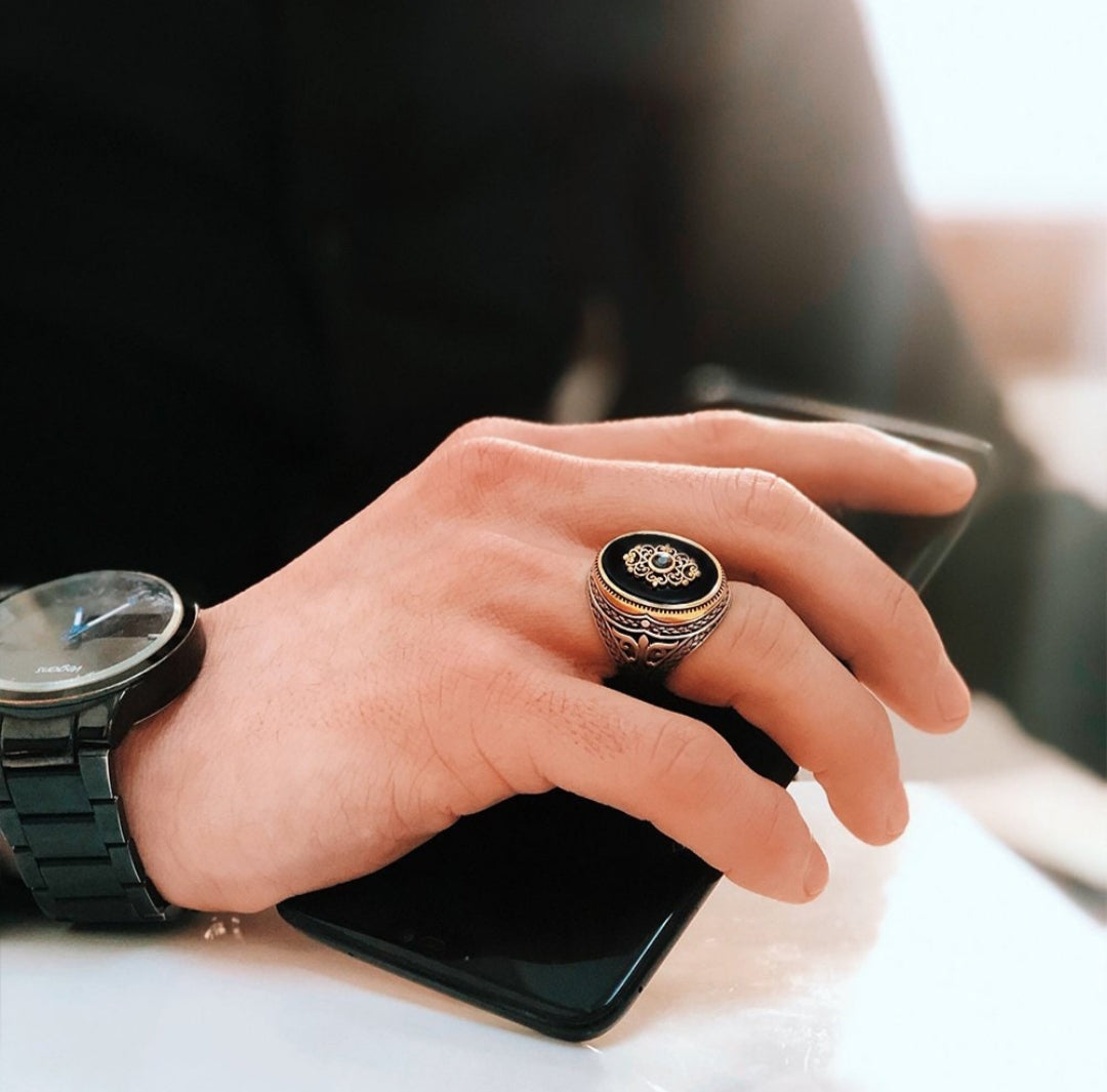 Zyan Gems | Unique Turkish Style Ring with Natural Black Onyx |  Sterling Silver Oxidized Ring