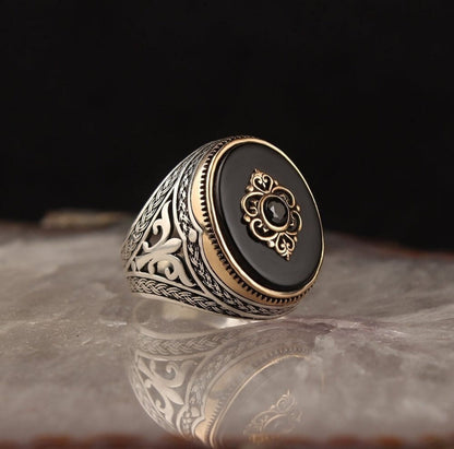 Zyan Gems | Unique Turkish Style Ring with Natural Black Onyx |  Sterling Silver Oxidized Ring