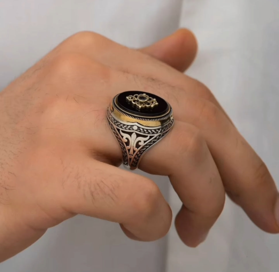 Zyan Gems | Unique Turkish Style Ring with Natural Black Onyx |  Sterling Silver Oxidized Ring