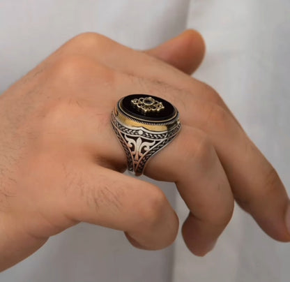 Zyan Gems | Unique Turkish Style Ring with Natural Black Onyx |  Sterling Silver Oxidized Ring