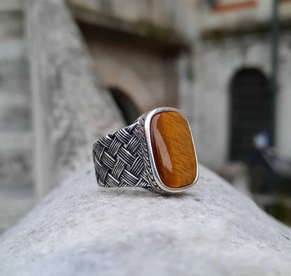 Zyan Gems | Unique Turkish Style Ring with Natural Tiger Eye |  Sterling Silver Oxidized Ring