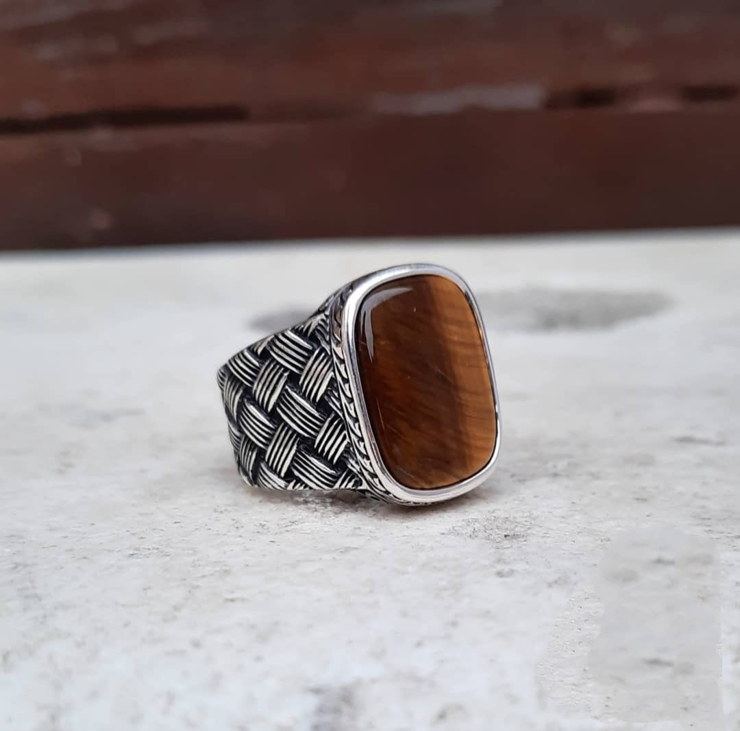 Zyan Gems | Unique Turkish Style Ring with Natural Tiger Eye |  Sterling Silver Oxidized Ring