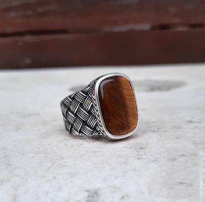 Zyan Gems | Unique Turkish Style Ring with Natural Tiger Eye |  Sterling Silver Oxidized Ring