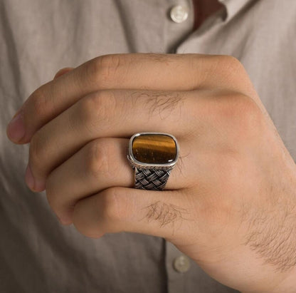 Zyan Gems | Unique Turkish Style Ring with Natural Tiger Eye |  Sterling Silver Oxidized Ring