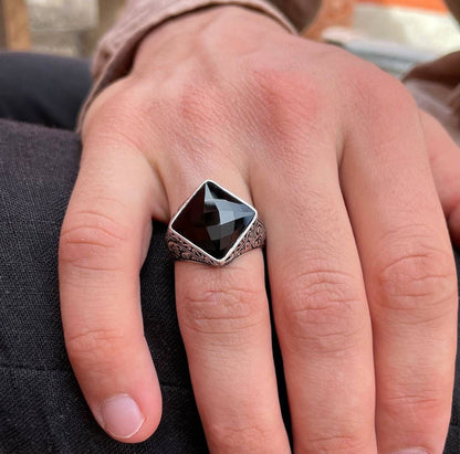 Zyan Gems | Unique Turkish Style Ring with Faceted Natural Black Onyx |  Sterling Silver Oxidized Ring