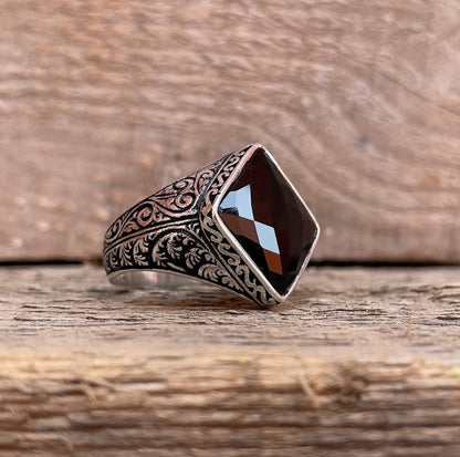Zyan Gems | Unique Turkish Style Ring with Faceted Natural Black Onyx |  Sterling Silver Oxidized Ring