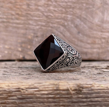 Zyan Gems | Unique Turkish Style Ring with Faceted Natural Black Onyx |  Sterling Silver Oxidized Ring