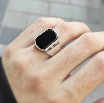 Zyan Gems | Unique Turkish Style Personalized Name Initial Ring with Natural Black Onyx |  Sterling Silver Oxidized Ring