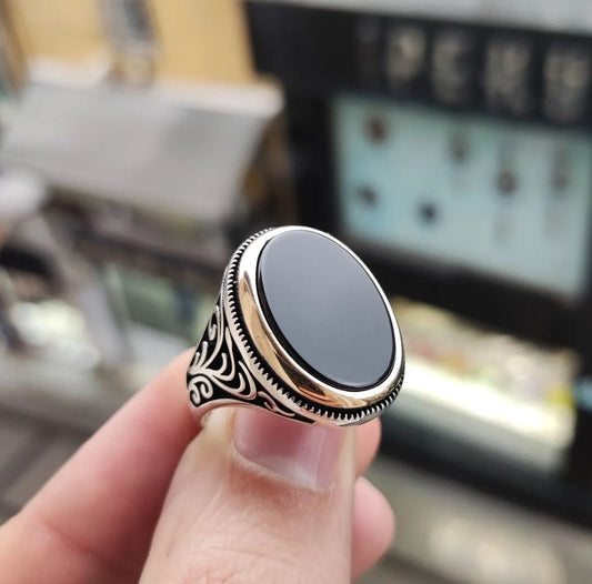 Zyan Gems | Unique Turkish Style Ring with Natural Black Onyx  |  Sterling Silver Oxidized Ring