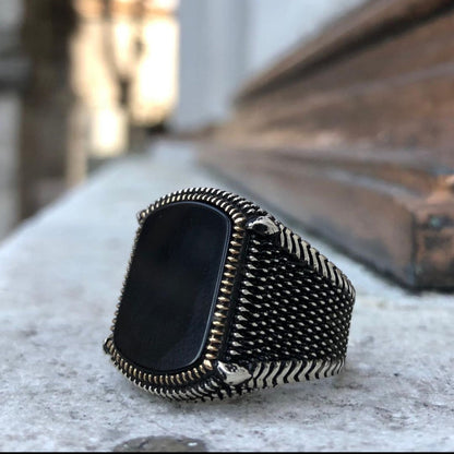 Zyan Gems | Unique Turkish Style Ring with Natural Black Onyx |  Sterling Silver Oxidized Ring