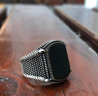 Zyan Gems | Unique Turkish Style Ring with Natural Black Onyx |  Sterling Silver Oxidized Ring