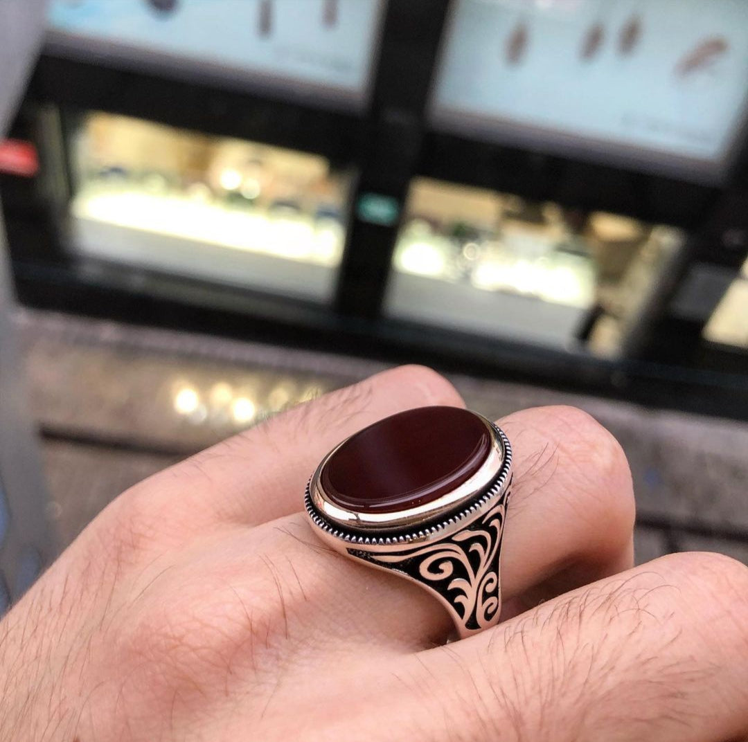 Zyan Gems | Unique Turkish Style Ring with Natural Red Agate  |  Sterling Silver Oxidized Ring