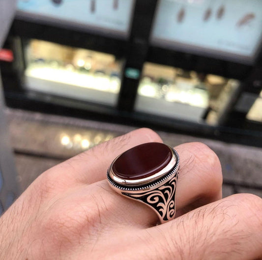 Zyan Gems | Unique Turkish Style Ring with Natural Red Agate  |  Sterling Silver Oxidized Ring